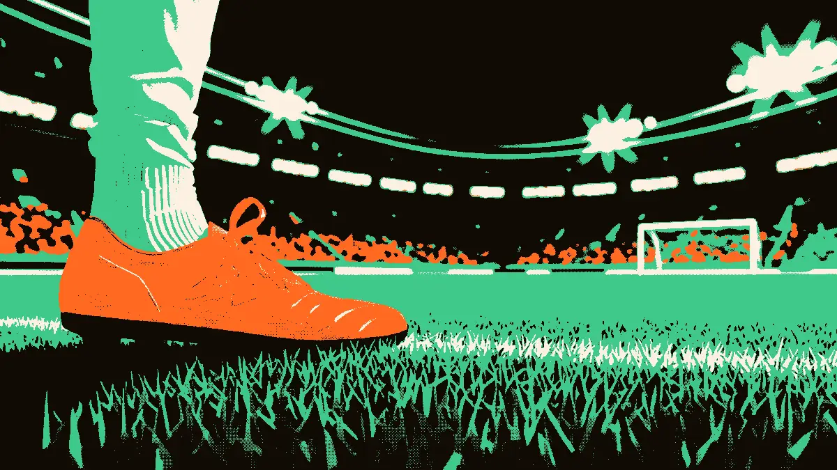 Une vue de stade montrant une chaussure de football posée sur la pelouse illuminée par des projecteurs, avec des gradins remplis en arrière-plan et un filet vide au loin, évoquant un transfert manqué.